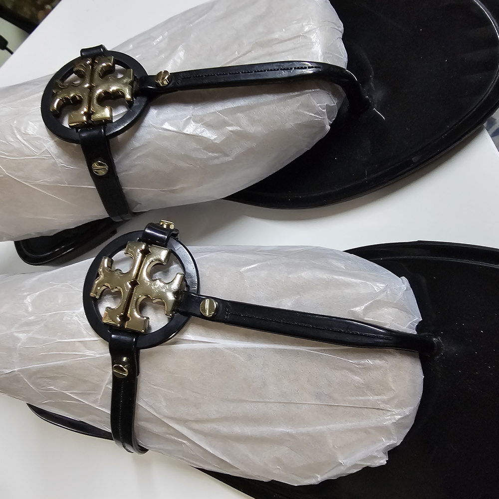 Tory Burch Black Sandals with Gold Logo